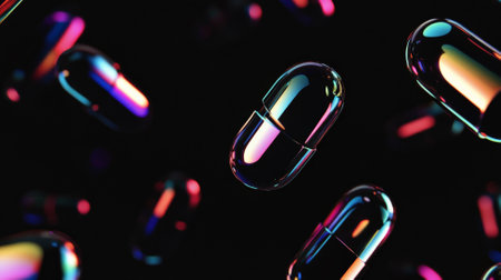 A dynamic arrangement of floating iridescent black capsules, their surfaces reflecting a spectrum of colors, glowing faintly as they contrast against a deep black backdrop.の素材
