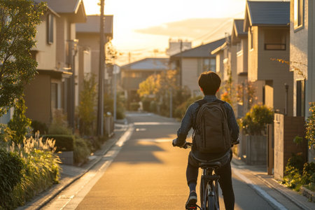 A young adult Japanese businessman riding his electric bike through a vibrant suburban street. Modern homes line the road, and the warm evening light enhances the peaceful atmosphere.の素材