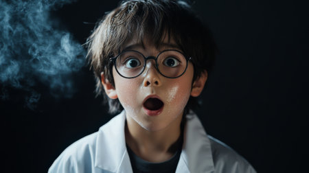 Japanese boy scientist, soot-smeared face and surprised expression, wide-eyed behind lab glasses, standing against a black backdrop.の素材