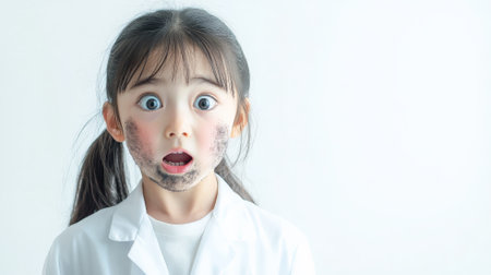 Little Japanese girl scientist with soot on her face, wide-eyed in shock, standing against a bright white background.の素材