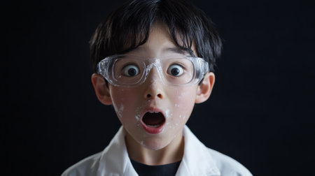 Japanese boy scientist, soot-smeared face and surprised expression, wide-eyed behind lab glasses, standing against a black backdrop.の素材