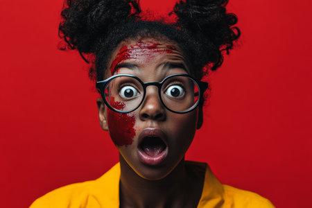 Black girl scientist, soot covering her cheeks, lab glasses perched on her nose, with a red background accentuating her shocked expression.の素材