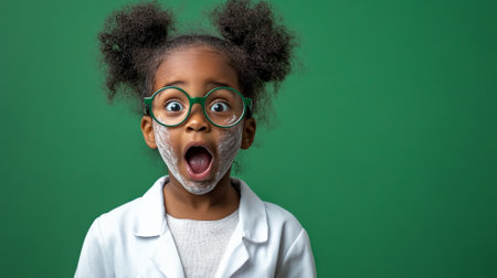 Surprised little Black girl scientist with a soot-smeared face, wearing lab glasses, standing against a green background, her expression one of excitement and discovery.の素材