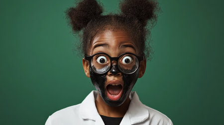 An African American girl scientist with a soot-smeared face and lab glasses, standing against a green background with wide eyes of amazement.の素材