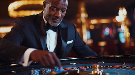 A middle aged African American croupier dressed in a classic tuxedo, overseeing a roulette game in a sophisticated casino, bathed in warm blue and gold tones.の素材