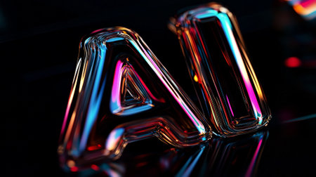 "AI" text made from sleek glass with colorful chromatic refraction, shimmering against a deep black background, casting subtle light reflections.の素材