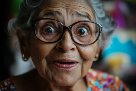 A Hispanic grandmother with wide, surprised eyes, her face glowing with happiness and curiosity, captured in a close up portrait that highlights her lively and expressive features.の素材