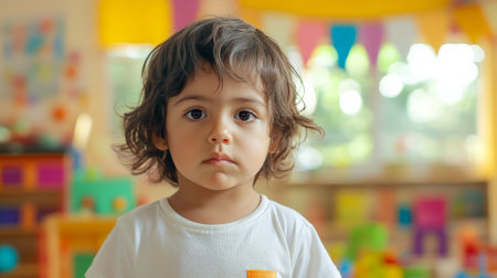 A 3 year old Hispanic child standing apart in a bright kindergarten, looking confused and unsure, surrounded by colorful decorations and toys.の素材