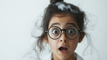 Arabian girl with soot-smudged cheeks and slightly askew lab glasses, reacting in awe to her experiment, set against a clean white background.の素材