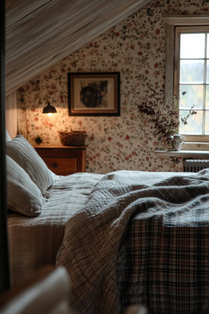 A rustic cottage bedroom wallpaper in autumn tones, with cozy plaid blankets, wooden furniture, and soft lighting, creating a tranquil and inviting farmhouse atmosphere.の素材