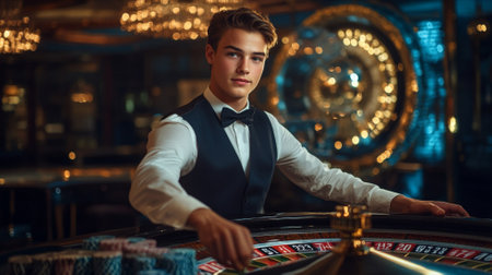 A young adult Caucasian croupier expertly handling the roulette wheel in a chic casino with opulent blue and gold tones, his suave demeanor adding to the elegance.の素材