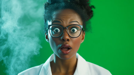 Black girl scientist with soot on her face, lab glasses askew, wide-eyed in surprise, in front of a green studio backdrop.の素材