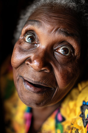 A Black grandmother with wide, surprised eyes, her face glowing with joy, captured in a close up portrait that highlights her expressive and caring personality.の素材