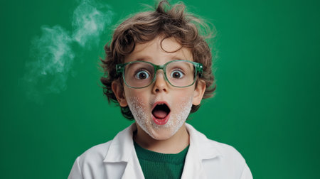 A surprised Brazilian boy scientist, soot streaking his face, wearing lab glasses, in front of a green background, reacting to his experiment.の素材