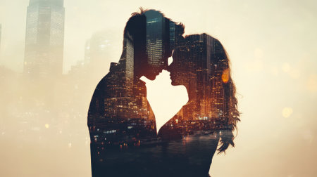 A powerful double exposure image of a couple in a gentle embrace, their silhouettes overlaid with soaring city skyscrapers, creating a visual narrative of love and ambition within the urban jungle.の素材