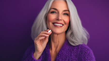 A senior Caucasian woman holding a small capsule and smiling brightly, framed by a bold purple studio background.の素材