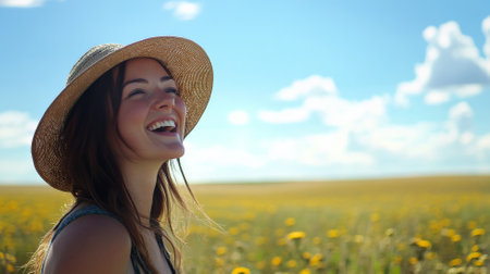 A joyful Caucasian woman wearing a sun hat, standing in a wide field under bright sunlight, the lens capturing the open expanse of the scene.の素材