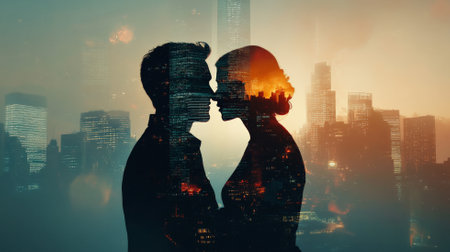 A powerful double exposure image of a couple in a gentle embrace, their silhouettes overlaid with soaring city skyscrapers, creating a visual narrative of love and ambition within the urban jungle.の素材