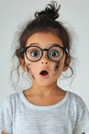 Little Brazilian girl with soot on her cheeks, lab glasses slightly crooked, her expression one of surprise, in front of a white studio background.の素材