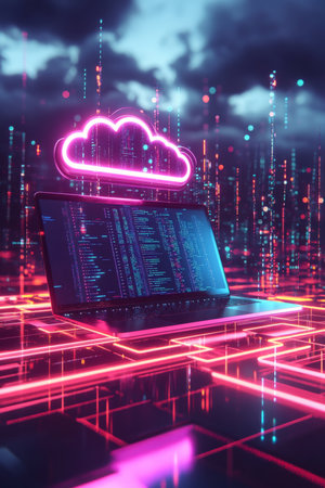 A laptop surrounded by glowing data streams from a virtual cloud storage, with a futuristic touch screen hovering above the device, showing active downloading progress bars.の素材