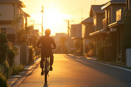 A Japanese senior businessman riding an electric bike on a suburban road lined with modern homes, heading home from the city after a long day at work, the sunset casting a golden glow.の素材