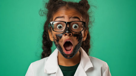 Brazilian girl scientist, her face smudged with soot, surprised by her lab work, standing against a bright green background.の素材
