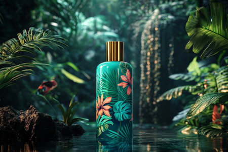 A stylish body soap bottle mockup with a sophisticated gold cap, set in front of a vibrant tropical rainforest background, showcasing exotic plants and colorful wildlife, creating a lively and inviting atmosphere.の素材