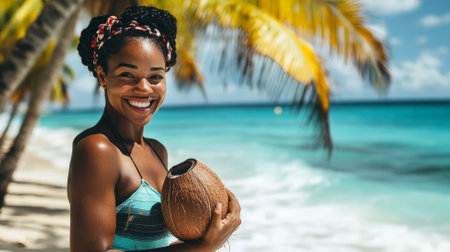 A happy Jamaican woman pours coconut water, standing on a beach with turquoise waters and tall coconut palms swaying behind her.の素材