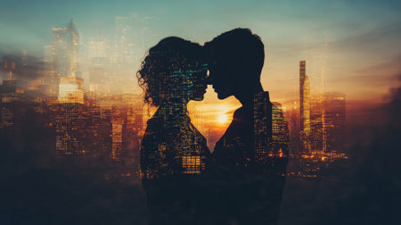 A romantic double exposure image of a loving couple's silhouette set against a backdrop of gleaming city skyscrapers, where love and urban dreams are intertwined in a visual representation of connection and ambition.の素材