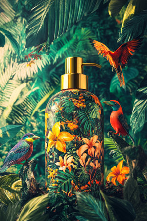 A stylish body soap bottle mockup showcasing a gold cap, placed in front of a vivid tropical jungle backdrop with colorful birds and rich foliage, highlighting the product's natural essence.の素材