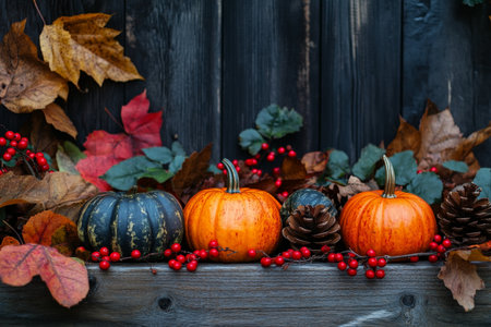 A warm autumn background featuring pumpkins, vibrant leaves, and red berries arranged neatly on a deep wooden backdrop with natural textures and pine cones.の素材