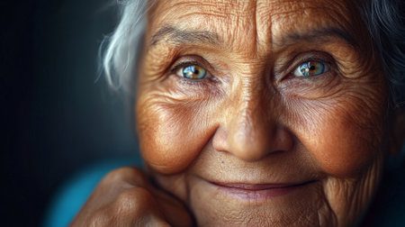 A Hispanic grandmother with wide, beautiful eyes, her face lighting up with joy and surprise, captured in a close up portrait that emphasizes her lively and kind spirit.の素材