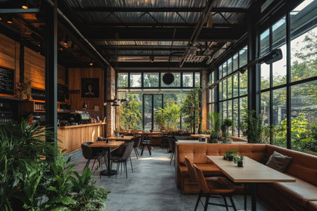 The interior of a modern coffee shop showcases minimalist decor, with a clean layout and industrial elements like steel beams and large windows. Outside, cozy seating areas are adorned with greenery, creating an inviting environment for guests.の素材