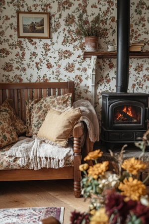 A charming autumnal cottage wallpaper design with rich earthy tones, featuring wooden furniture, vintage farmhouse elements, and a crackling fire, evoking a warm and inviting atmosphere.の素材