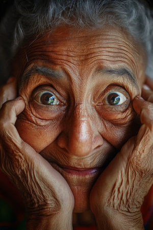 A Brazilian grandmother with big, beautiful eyes filled with surprise and delight, her face reflecting joy and love in a close up portrait that showcases her vibrant spirit.の素材