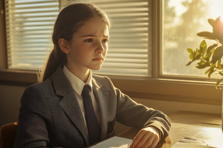 A Caucasian schoolgirl in a neat school uniform, her face troubled as she sits at her desk, sunlight coming through the window, creating a serene yet tense atmosphere.の素材