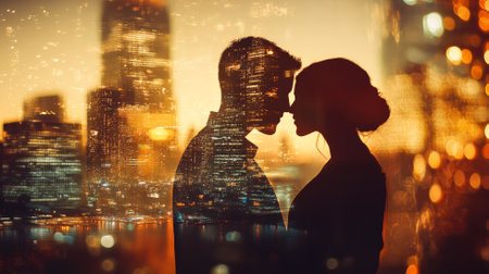 A romantic double exposure image of a loving couple's silhouette set against a backdrop of gleaming city skyscrapers, where love and urban dreams are intertwined in a visual representation of connection and ambition.の素材