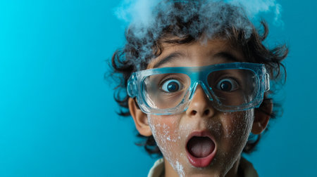 Hispanic boy scientist, soot-streaked face, surprised by the results of his experiment, wearing lab glasses in front of a bright blue background.の素材
