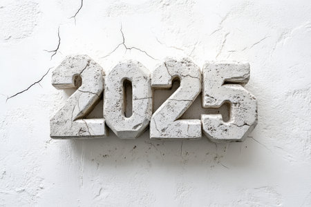 The year 2025 shaped from smooth concrete, sitting on a pristine white background with subtle cracks and texture.の素材