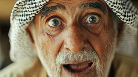 An Arabian granddad with wide, surprised eyes, his face lighting up with amazement and joy, captured in a close-up portrait that reflects his warmth and life stories.の素材