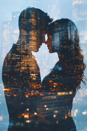 A double exposure of a couple embracing, their bodies filled with sleek city skyscrapers at twilight, merging personal intimacy with the strength and elegance of modern architecture.の素材