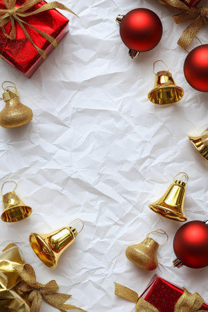 A New Year background featuring golden bells, festive red baubles, and gifts adorned with golden bows, all set against a crisp white paper backdrop.の素材