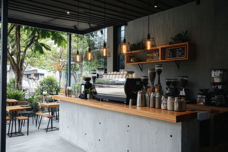 A sleek coffee shop displays a minimalist aesthetic with an industrial touch, featuring concrete counters and hanging pendant lights. The outdoor seating area offers a warm and inviting space for patrons to enjoy their drinks.の素材