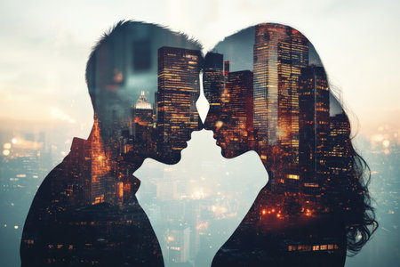 A touching double exposure of a couple's profiles facing each other, their silhouettes blending with a city skyline of glowing skyscrapers, illustrating love growing in the heart of the urban landscape.の素材