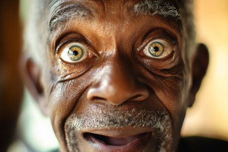 An African American granddad with wide, surprised eyes, his face glowing with joy and curiosity, captured in a close-up portrait that highlights the wisdom in his eyes.の素材