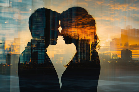 A double exposure of a couple standing close, their silhouettes filled with the reflections of glass skyscrapers at sunset, merging the intimacy of human connection with the cold elegance of the cityscape.の素材