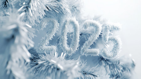 A festive 2025 designed from snowy, frosted Christmas garlands, softly contrasting against a pure white background.の素材