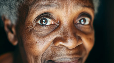 An African American grandmother with wide, beautiful eyes, her face filled with surprise and wonder, captured in a close-up portrait that shows her joyful and loving expression.の素材