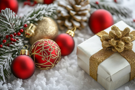 A bright Christmas and New Year scene with golden ornaments, wrapped gifts, and red Christmas balls beautifully displayed on white paper, adding elegance and joy.の素材