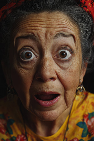 A Hispanic grandmother with wide, surprised eyes, her face glowing with joy and wonder, captured in a close up portrait that emphasizes her lively and loving expression.の素材